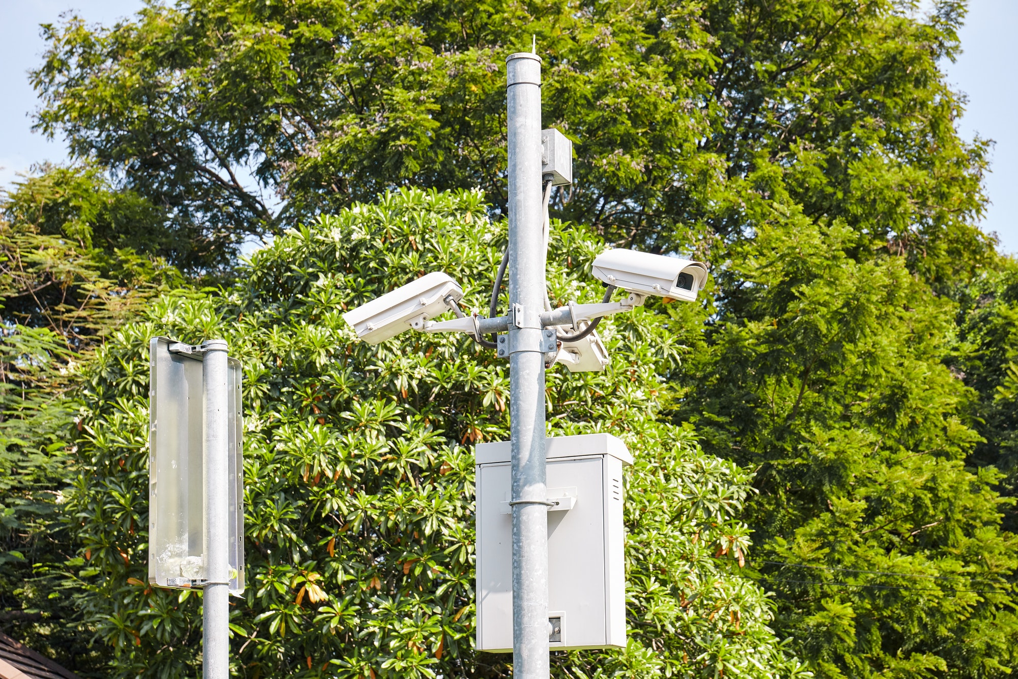 Security cameras or Surveillance CCTV outdoors in the public park with green tree background